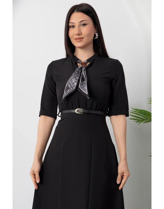 Kadın Kısa Kollu Fular Ve Kemer Detay önden Yırtmaçlı axi Boy Elbise