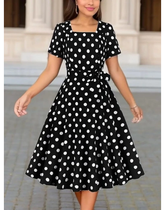 Kadın Kısa Kollu Geometrik Yaka Puantiyeli Kiloş Midi Süprem Elbise