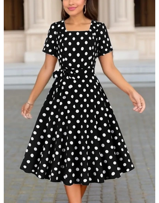 Kadın Kısa Kollu Geometrik Yaka Puantiyeli Kiloş Midi Süprem Elbise