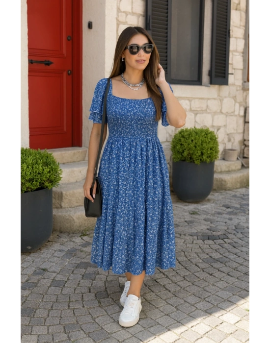 Kadın Kısa Kollu Gipe Detaylı Desenli Midi Süprem Elbise