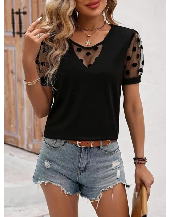 Kadın Kısa Kollu Göğüs Damla Ve Puantiyeli Tül Detaylı Viskon Bluz