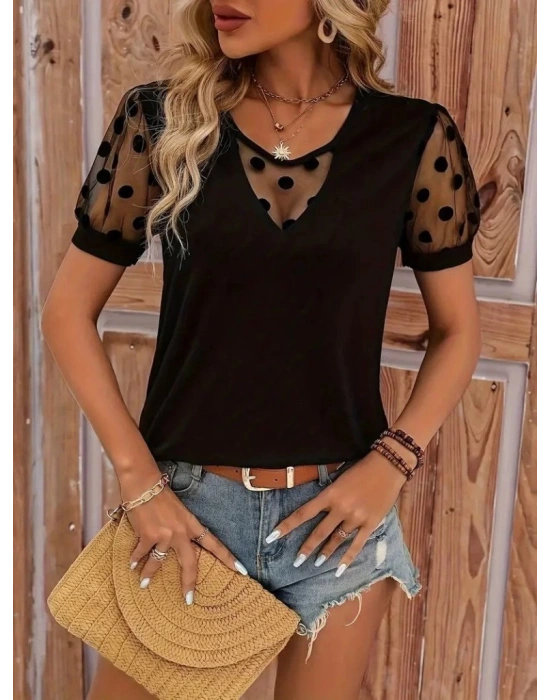 Kadın Kısa Kollu Göğüs Damla Ve Puantiyeli Tül Detaylı Viskon Bluz