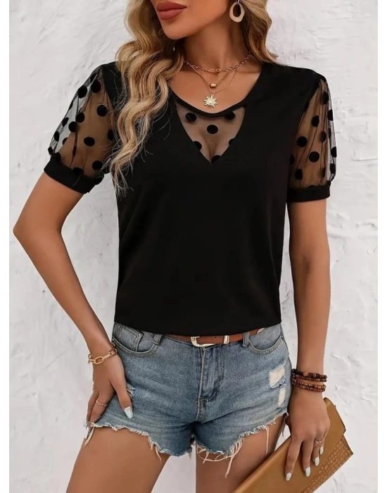 Kadın Kısa Kollu Göğüs Damla Ve Puantiyeli Tül Detaylı Viskon Bluz
