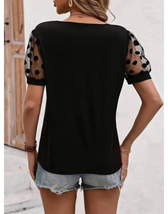 Kadın Kısa Kollu Göğüs Damla Ve Puantiyeli Tül Detaylı Viskon Bluz