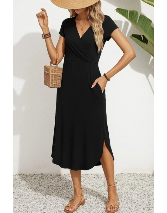 Kadın Kısa Kollu Hakim V Yaka Viskon Elbise
