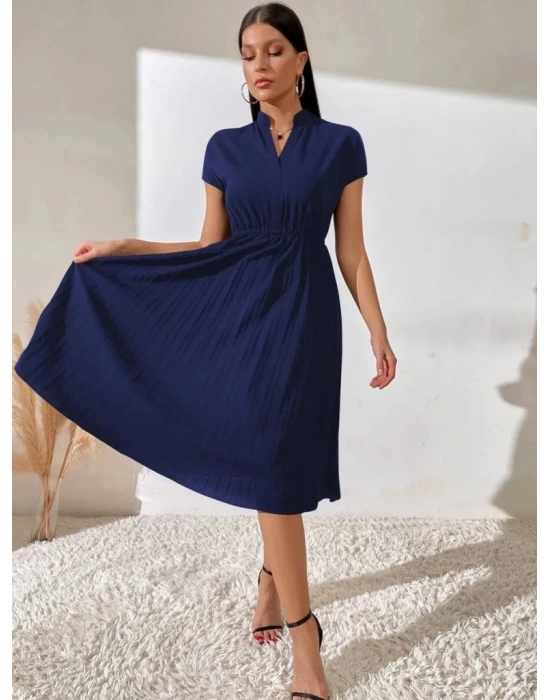 Kadın Kısa Kollu Hakim V Yakalı Pileli Janjan Krep Elbise