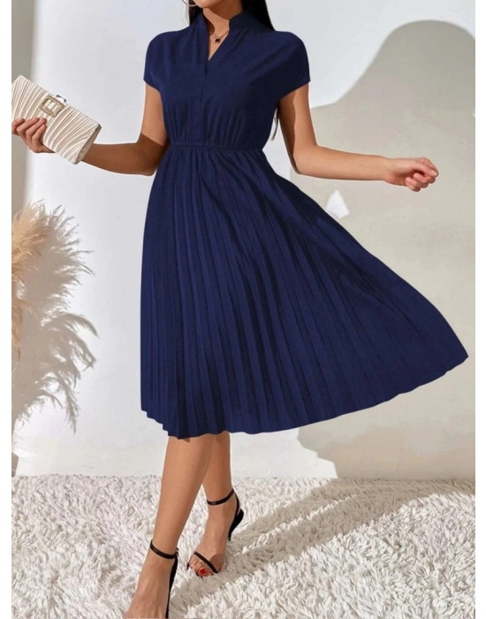 Kadın Kısa Kollu Hakim V Yakalı Pileli Janjan Krep Elbise