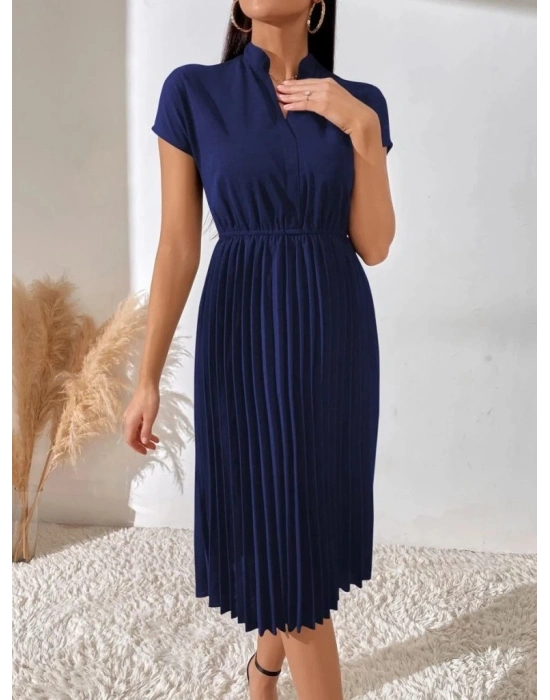 Kadın Kısa Kollu Hakim V Yakalı Pileli Janjan Krep Elbise