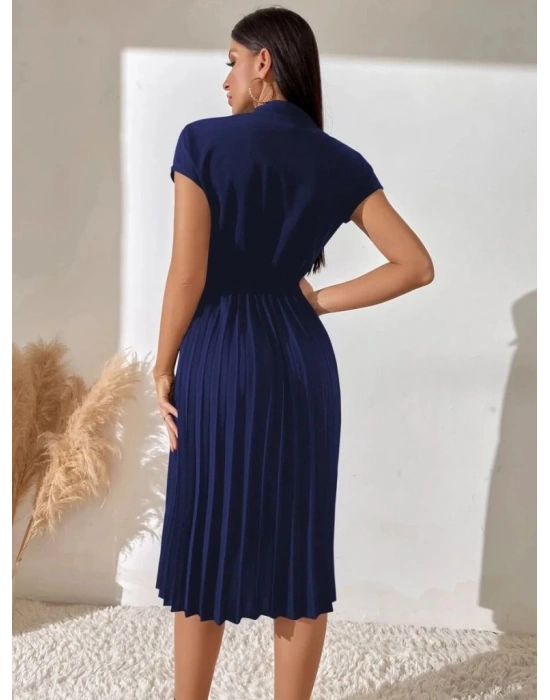 Kadın Kısa Kollu Hakim V Yakalı Pileli Janjan Krep Elbise