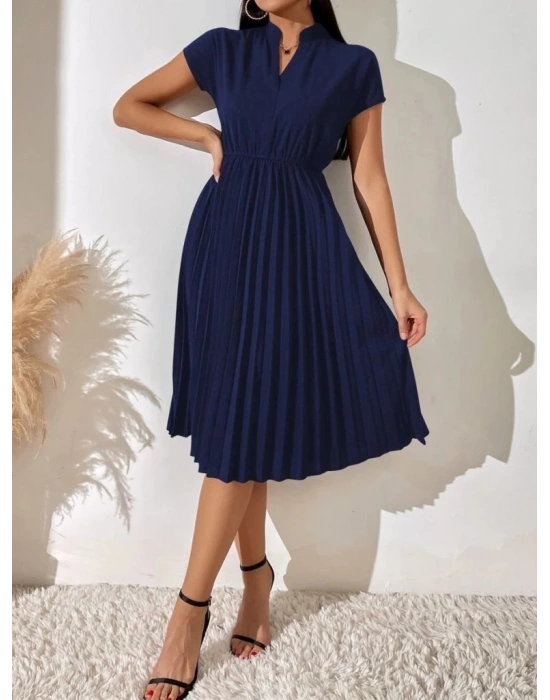 Kadın Kısa Kollu Hakim V Yakalı Pileli Janjan Krep Elbise