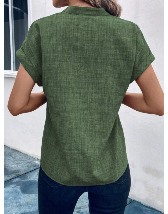 Kadın Kısa Kollu Hakim Yaka Keten Bluz