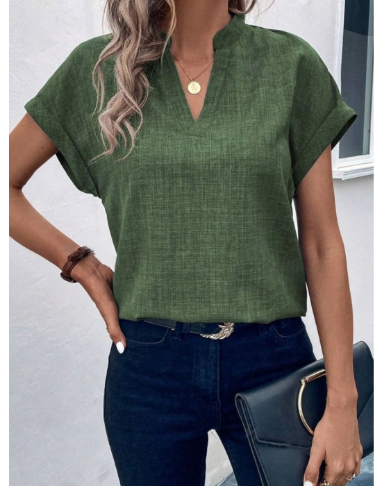 Kadın Kısa Kollu Hakim Yaka Keten Bluz