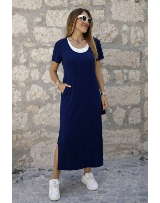 Kadın Kısa Kollu Içi Atlet Görünümlü Yandan Yırtmaçlı Uzun Viskon Elbise