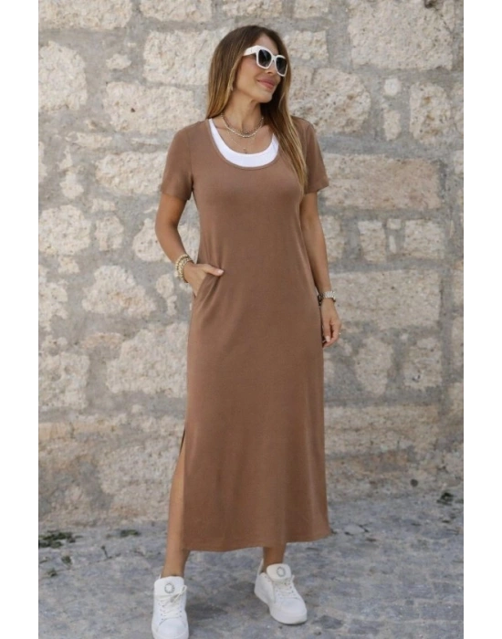 Kadın Kısa Kollu Içi Atlet Görünümlü Yandan Yırtmaçlı Uzun Viskon Elbise