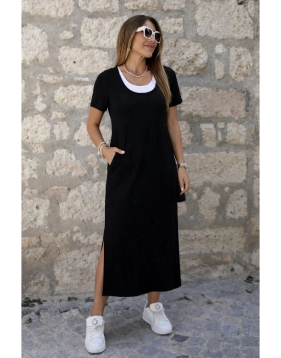 Kadın Kısa Kollu Içi Atlet Görünümlü Yandan Yırtmaçlı Uzun Viskon Elbise