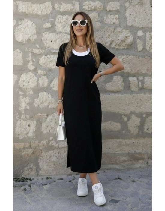 Kadın Kısa Kollu Içi Atlet Görünümlü Yandan Yırtmaçlı Uzun Viskon Elbise