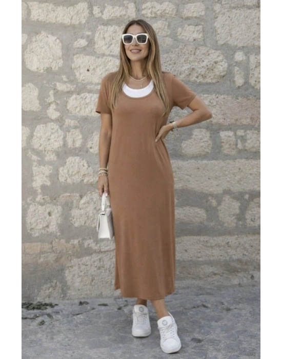 Kadın Kısa Kollu Içi Atlet Görünümlü Yandan Yırtmaçlı Uzun Viskon Elbise