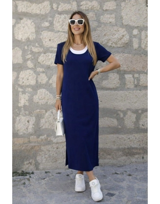 Kadın Kısa Kollu Içi Atlet Görünümlü Yandan Yırtmaçlı Uzun Viskon Elbise