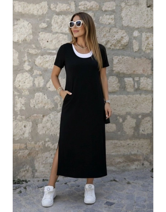 Kadın Kısa Kollu Içi Atlet Görünümlü Yandan Yırtmaçlı Uzun Viskon Elbise