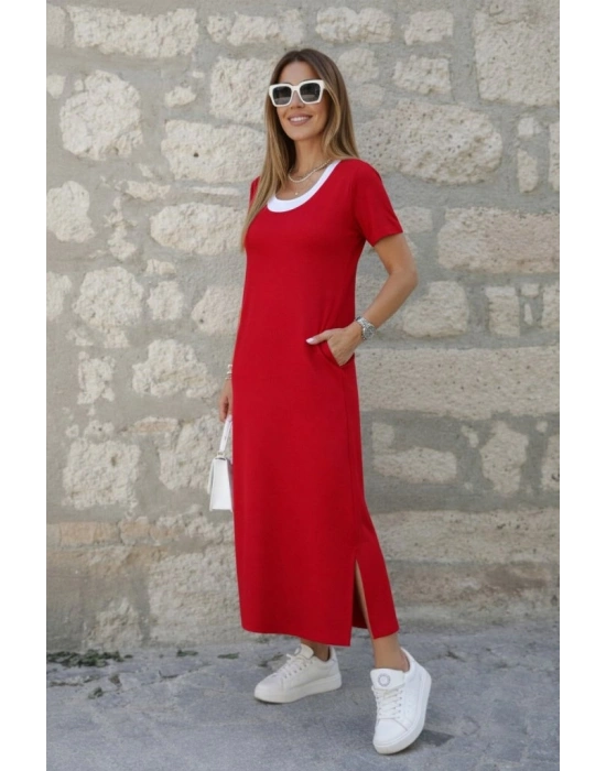 Kadın Kısa Kollu Içi Atlet Görünümlü Yandan Yırtmaçlı Uzun Viskon Elbise