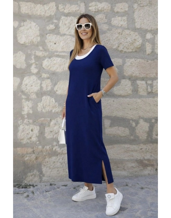 Kadın Kısa Kollu Içi Atlet Görünümlü Yandan Yırtmaçlı Uzun Viskon Elbise