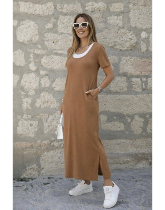 Kadın Kısa Kollu Içi Atlet Görünümlü Yandan Yırtmaçlı Uzun Viskon Elbise