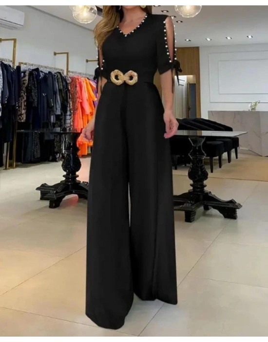 Kadın Kısa Kollu Inci Detay Kemer Dahil Tulum