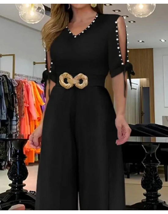 Kadın Kısa Kollu Inci Detay Kemer Dahil Tulum