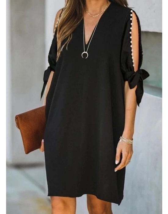 Kadın Kısa Kollu Inci şerit Detay Kol Pencereli Sandy Kumaş Elbise