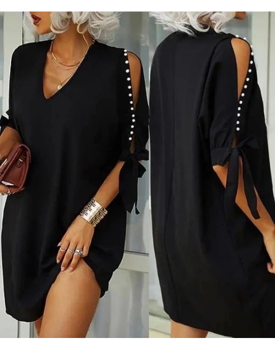 Kadın Kısa Kollu Inci şerit Detay Kol Pencereli Sandy Kumaş Elbise