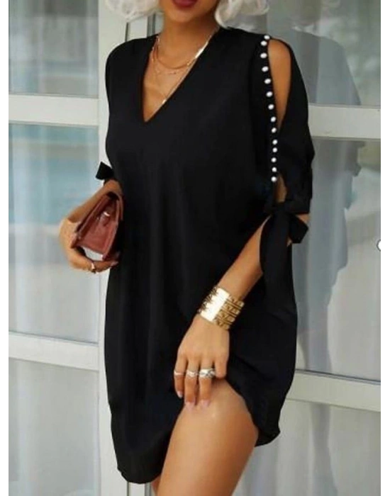 Kadın Kısa Kollu Inci şerit Detay Kol Pencereli Sandy Kumaş Elbise