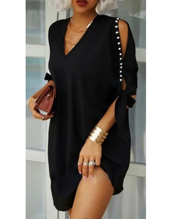 Kadın Kısa Kollu Inci şerit Detay Kol Pencereli Sandy Kumaş Elbise