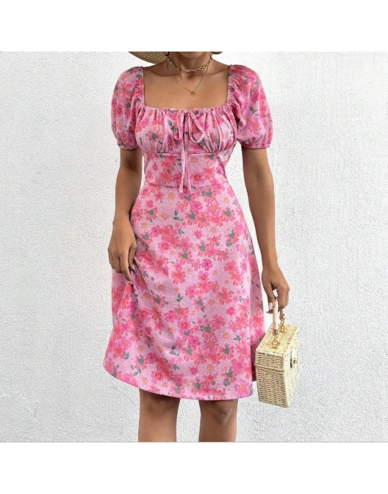 Kadın Kısa Kollu ini çiçek Baskılı Bağcık Detay üprem idi Boy Elbise