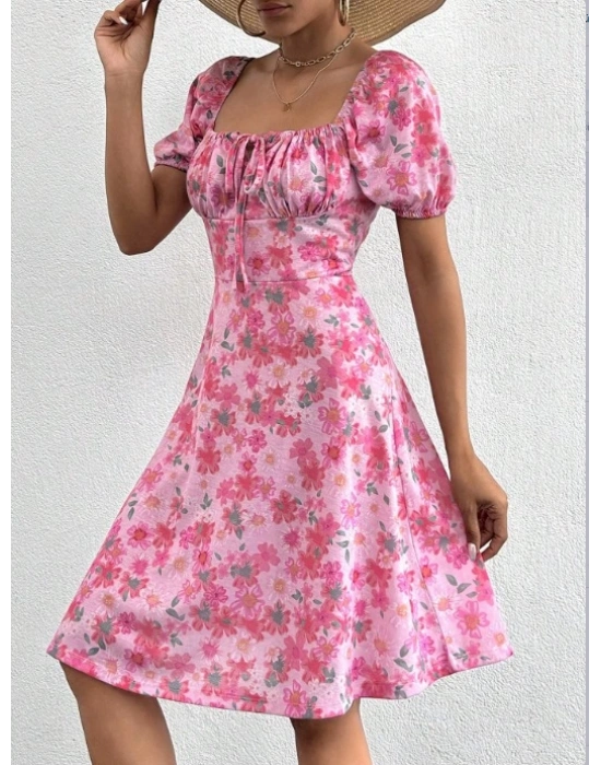 Kadın Kısa Kollu ini çiçek Baskılı Bağcık Detay üprem idi Boy Elbise