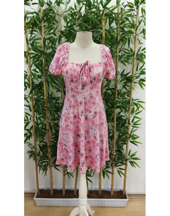 Kadın Kısa Kollu ini çiçek Baskılı Bağcık Detay üprem idi Boy Elbise