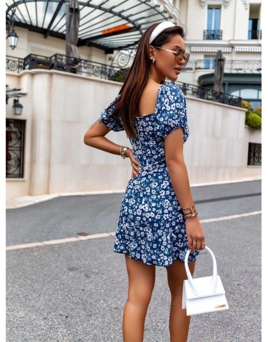 Kadın Kısa Kollu Kalp Yaka çiçek Desenli Krep Elbise