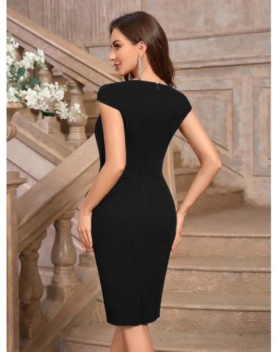 Kadın Kısa Kollu Kalp Yaka Drape Detay Ithal Krep Elbise