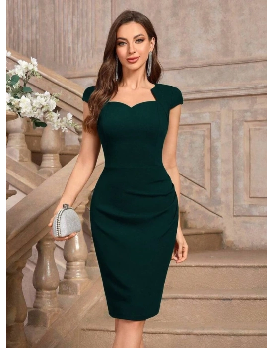 Kadın Kısa Kollu Kalp Yaka Drape Detay Ithal Krep Elbise