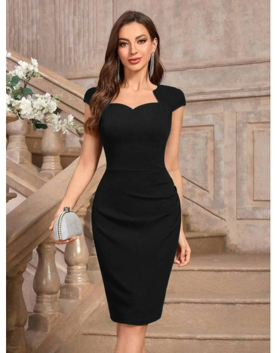 Kadın Kısa Kollu Kalp Yaka Drape Detay Ithal Krep Elbise