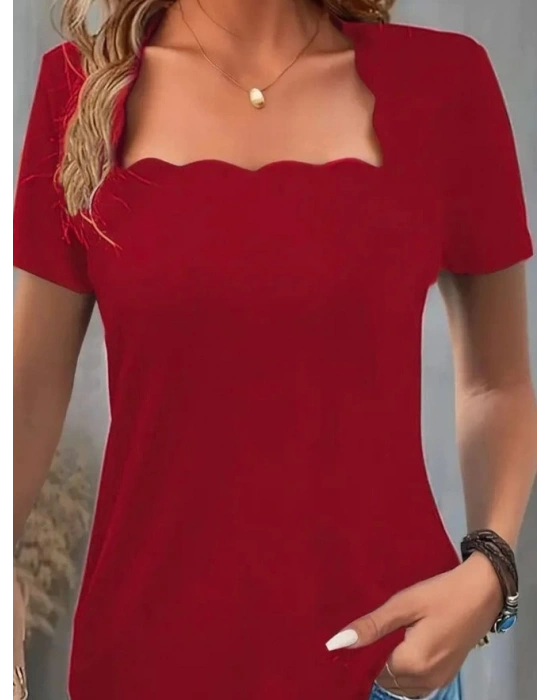 Kadın Kısa Kollu Kare Lazer Yakalı Janjan Krep Bluz