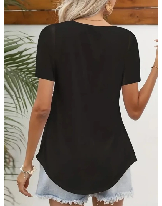 Kadın Kısa Kollu Kare Lazer Yakalı Janjan Krep Bluz