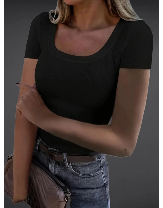 Kadın Kısa Kollu Kare Yaka Basic Kaşkorse Bluz