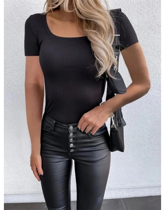 Kadın Kısa Kollu Kare Yaka Basic Kaşkorse Bluz