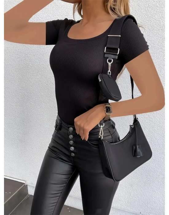 Kadın Kısa Kollu Kare Yaka Basic Kaşkorse Bluz