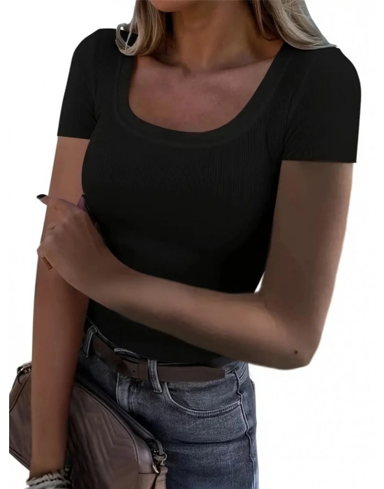 Kadın Kısa Kollu Kare Yaka Basic Kaşkorse Bluz