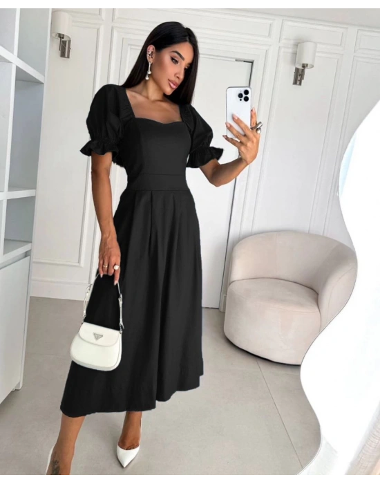 Kadın Kısa Kollu Kare Yaka idi Boy Trikoton Kumaş Elbise