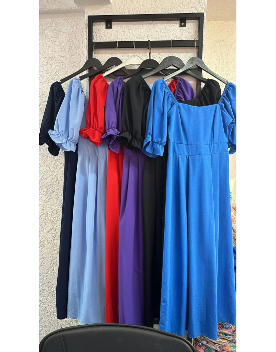 Kadın Kısa Kollu Kare Yaka idi Boy Trikoton Kumaş Elbise