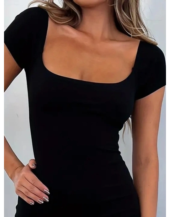 Kadın Kısa Kollu Kare Yaka Mini Bodycon Dalgıç Tulum