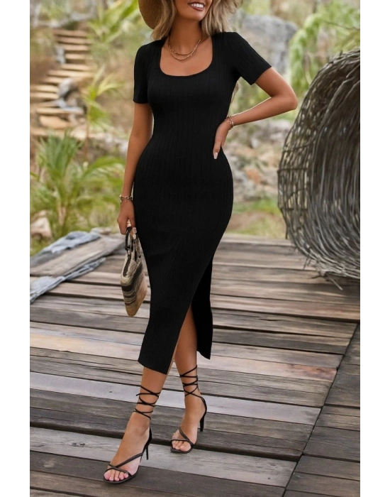 Kadın Kısa Kollu Kare Yaka Yandan Yırtmaçlı Fitilli Kaşkorse Elbise