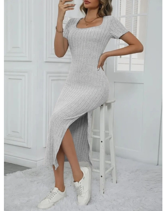 Kadın Kısa Kollu Kare Yaka Yandan Yırtmaçlı Fitilli Kaşkorse Elbise